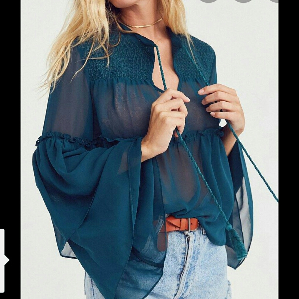 Ecote UO Teal Bohemian Semi Sheer Top Sz XS